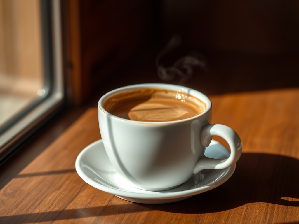 A steaming cup of coffee in a white ceramic mug on a saucer, placed on a wooden table near a window.