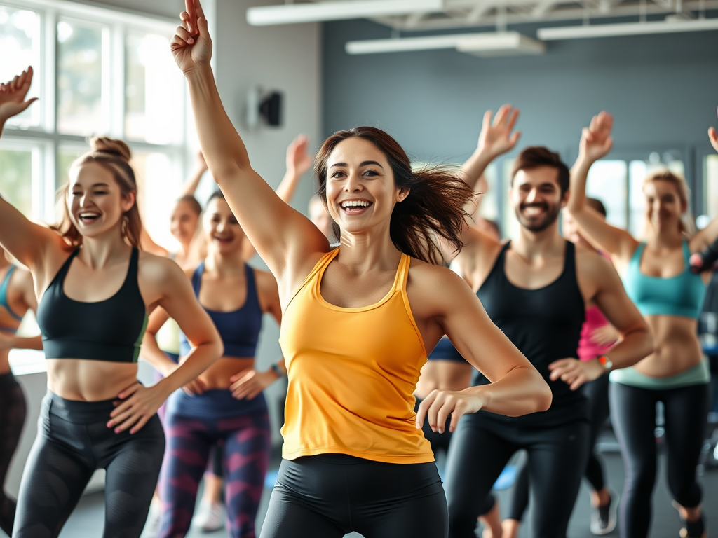Group of people participating in a lively fitness class, smiling and raising their hands, showcasing a fun and energetic atmosphere.