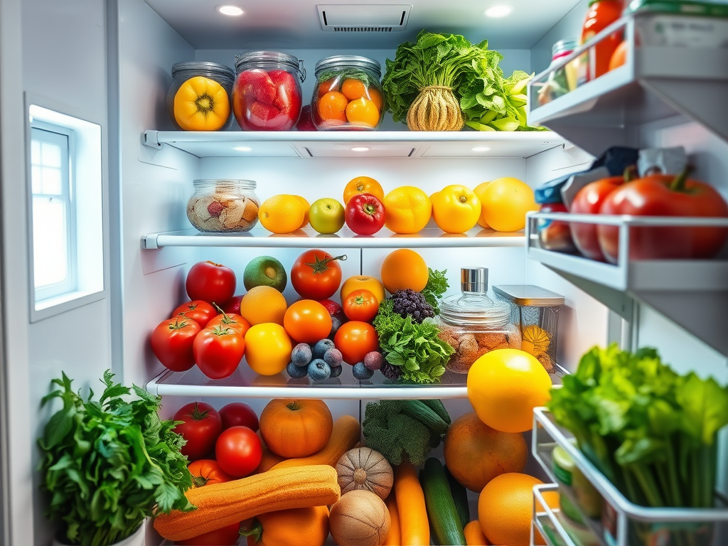 A brightly lit refrigerator filled with a variety of fresh fruits and vegetables, including tomatoes, oranges, greens, and jars of nuts.