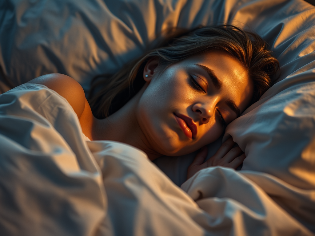 A young woman peacefully sleeping on a bed, surrounded by soft, white bedding, with warm light illuminating her face.