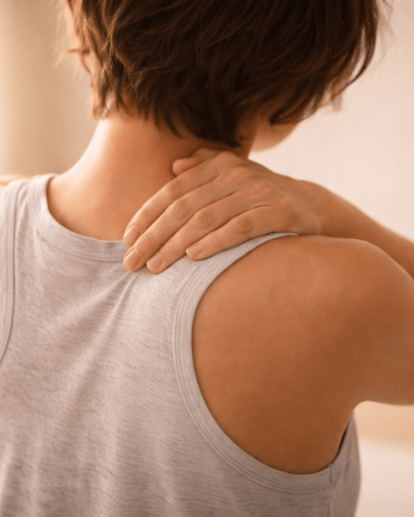 Person holding neck and shoulder in discomfort, representing muscle tension, stiffness and generalised body pain