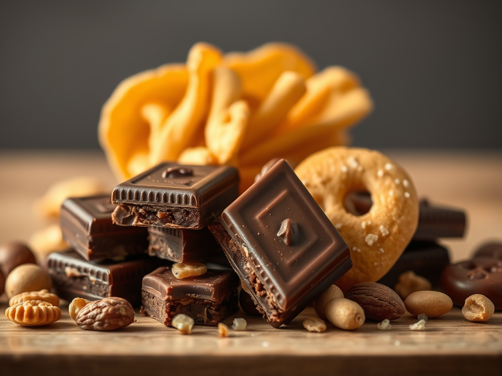 Processed snack foods including chocolate and crisps representing less healthy choices compared to balanced diet swaps