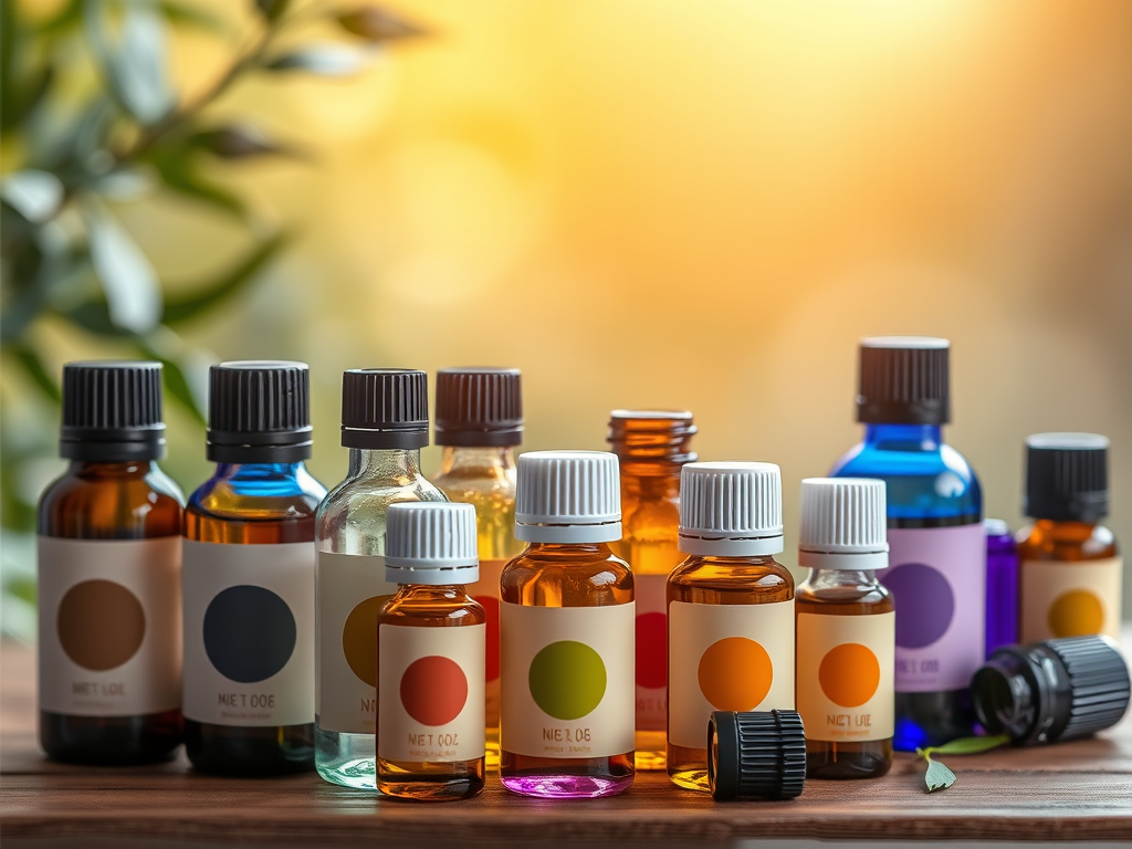 A collection of essential oil bottles in various shapes and sizes, displayed on a wooden surface with a soft blurred background of greenery, showcasing colorful labels.