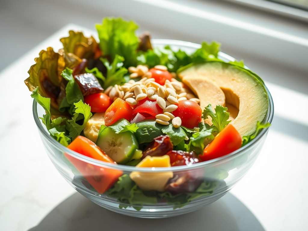 A fresh salad in a glass bowl, featuring a mix of greens, diced tomatoes, cucumber, red bell pepper, and topped with pine nuts and slices of melon.