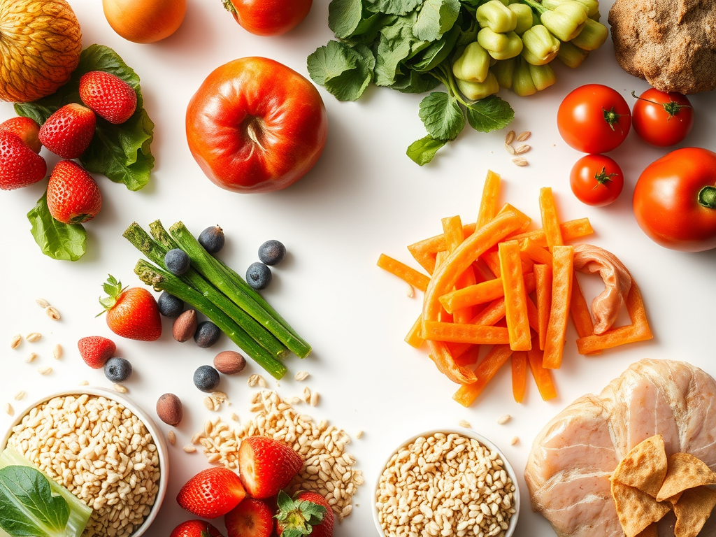 Balanced healthy foods including fruit, vegetables, grains and protein for simple diet swaps and everyday nutrition