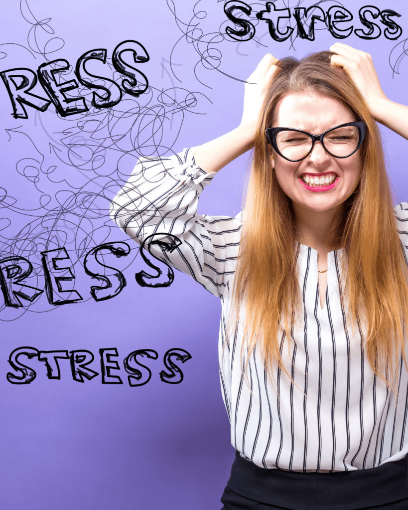 A young woman with long hair and glasses looks overwhelmed, gripping her head with a frustrated expression. The background features the word 'Stress' in an artistic style, surrounded by chaotic lines.