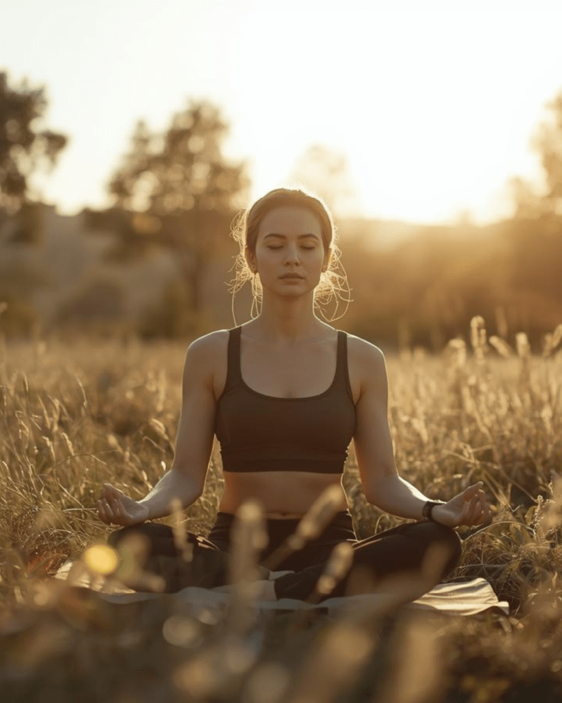 A woman meditating in a field during sunset, wearing a sports bra and yoga pants, surrounded by tall grass.