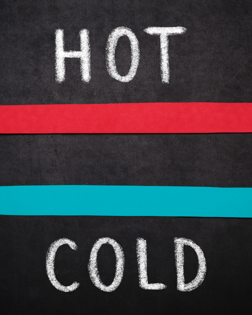 Chalkboard with the words 'HOT' in white chalk on a red line and 'COLD' in white chalk on a blue line.