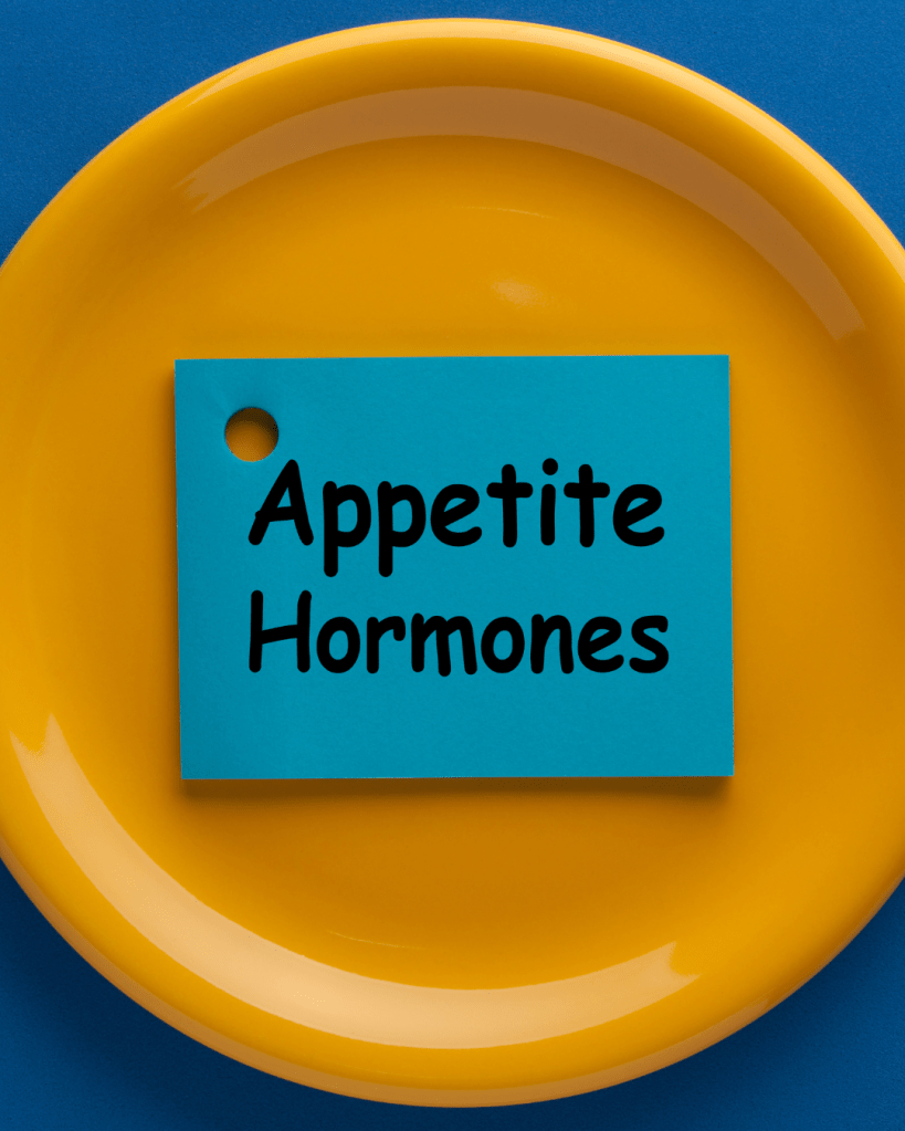 A blue sticky note with the text 'Appetite Hormones' on a yellow plate against a blue background.