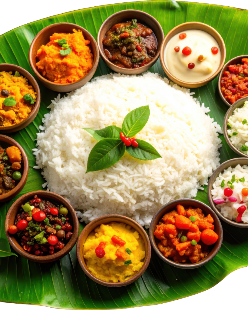 A large serving of white rice surrounded by an assortment of colorful vegetable curries and side dishes in small bowls, presented on a banana leaf.