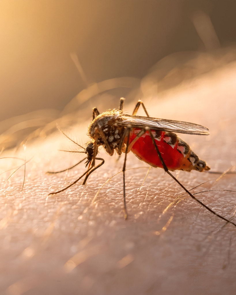 Close-up of a mosquito feeding on human skin, displaying its abdomen filled with blood.